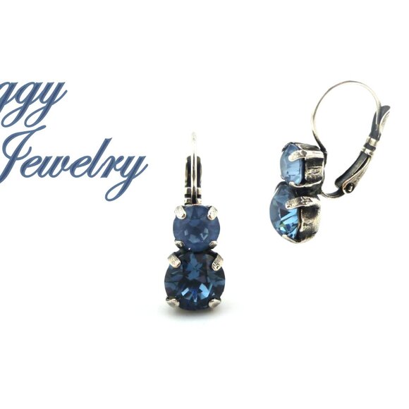 Denim Blue and Denim Ignite Double Drop Austrian Crystal Earrings - Picture 3 of 6